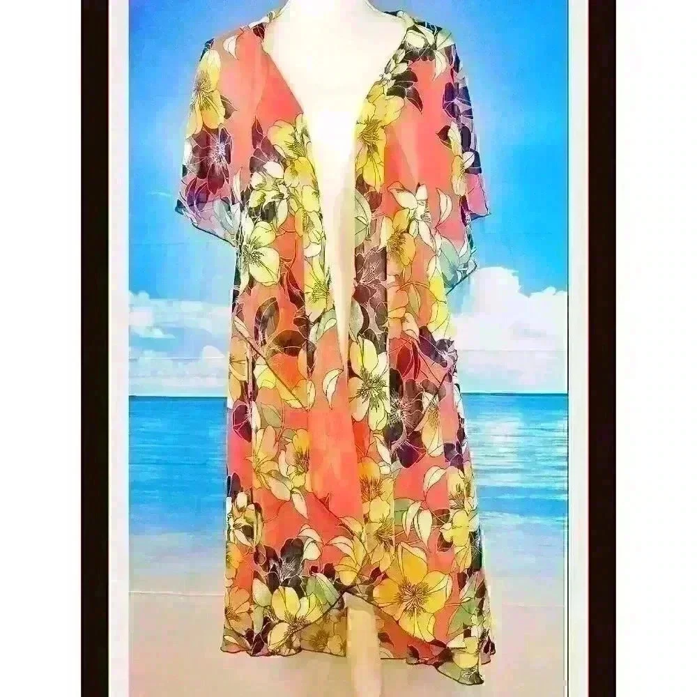 ORANGE FLORAL Beach Cover Sheer Open front Long Shawl LIGHTWEIGH Shrug One Size